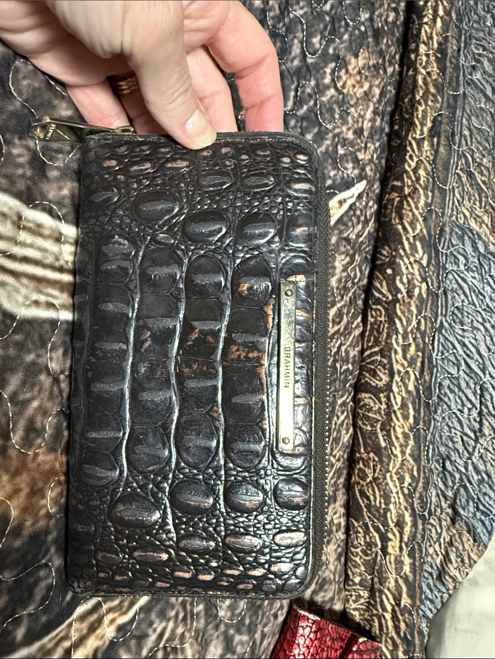 Brahmin Black Croc-Embossed Zip Card Holder with Gold-Tone Plaque
